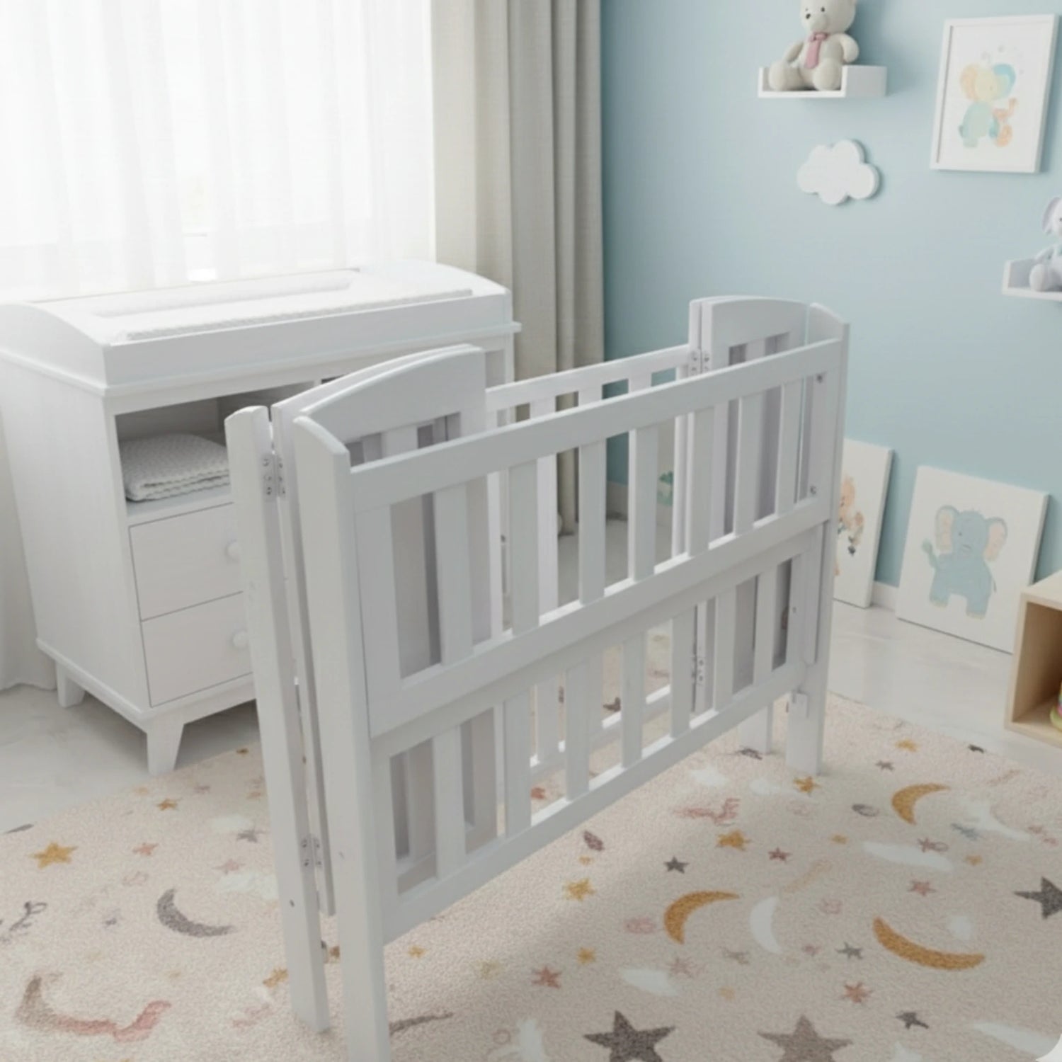 Multifunctional baby Bed 3-in-1 –Rocking Function, Wood Crib with 3 Height Levels, Sliding Side, Foldable & Free Mattress